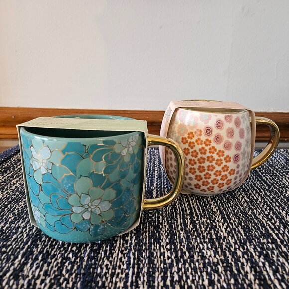 Thyme and Table Mugs, NEW, Set of 2 - Floral Pinks & Succulents Greens - Picture 1 of 8